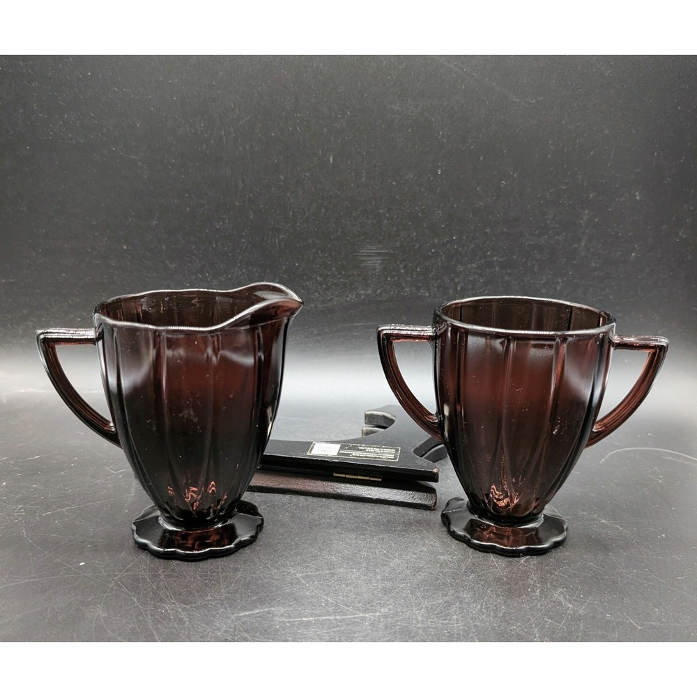 Hazel Atlas Amethyst Purple Glass Creamer and Sugar Bowl Set Pedestal Base